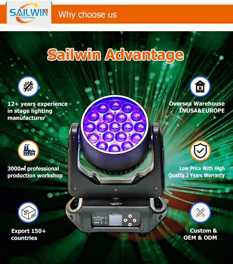 SAILWIN Factory DMX 19*15W LED RING RGBW ZOOM Moving Head Light