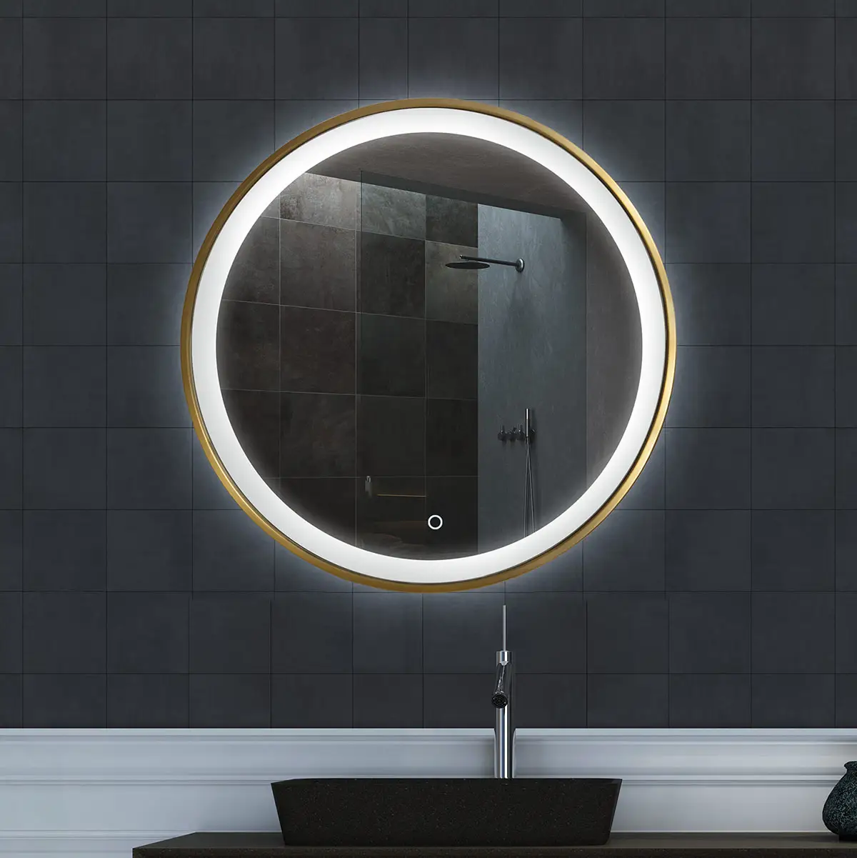 2020 fábrica venta directa de vuelta-lit de pantalla táctil inteligente montaje en pared, luz de Led iluminado espejo de baño