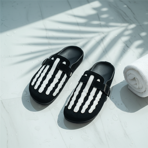 Sandalias Planas de Cuero Genuino con Diseño Original de <span class=keywords><strong>Esqueleto</strong></span> y Bloques de Color, Sandalias Mule Funcionales de Punta Cerrada, Oscuras y Modernas - Product Image 1