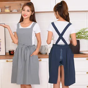 Grosir wanita besar panjang kustom Logo dicetak Linen katun celemek taman memasak dapur koki Bakery Apron dengan kantong