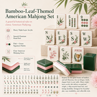 Tuiles de Mahjong américaines en acrylique triple couche, motif feuille de bambou, dos vert jade, motifs botaniques roses, toucher lisse