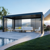 Pergola bioclimatique motorisée en aluminium avec panneaux à lamelles, éclairage LED et commande à distance, structure moderne en aluminium