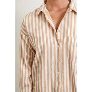 Chemise en lin rayée camel pour femme, décontractée, à boutons, pour tous les jours - Product Image 2