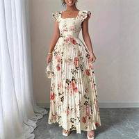 Robe longue plissée sans manches à col carré, imprimé floral, style chinois, en polyester, coupe princesse, nouvelle collection été 2026