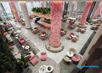 Design d'intérieur de restaurant haut de gamme, comptoir de bar central en forme de U personnalisé, ensemble de meubles de salon élégants, chaise confortable à fleurs