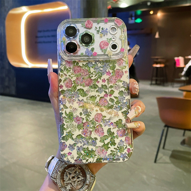 2026 Korean Full Screen Colorful Flowers Glitter Pattern Phone Case for iPhone 17 16 15 14 Pro Max Shockproof Protective Cover