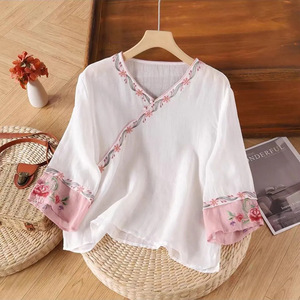 Women's Cotton Linen Blouse Asymmetric Embroidered Slanted Placket Breathable Loose Fit Summer Ethnic Style Short Sleeve - Product Image 2