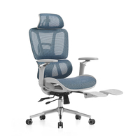 Fauteuil de bureau ergonomique de luxe KMJ bleu, entièrement en tissu maillé, inclinable avec appui-tête réglable et fonction pivotante