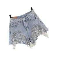 Летние женские рваные повседневные шорты с высокой талией, мешковатые широкие брюки со стразами для сексуальных джинсов