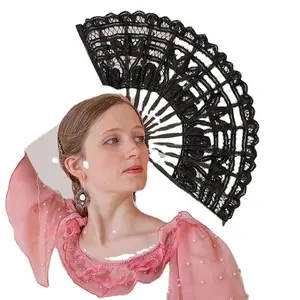 2024 new style Retro Women Cotton Lace Handmade Folding Fan with Bamboo Folding Handheld lace Hand Fan for Wedding Decoration