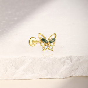 Pendientes de Plata de Ley 925 con Borla de Mariposa de Ágata Musgosa Natural de 1.2x6mm y Parte Trasera Plana para Piercing de Cartílago y Nariz - Product Image 2