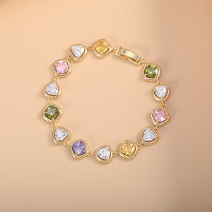 European Style <b>Rainbow</b> Zircon Inlaid <b>Bracelet</b> Gold Tone Bezel Setting Fashion Cuff Jewelry Gift Occasion - Product Image 1
