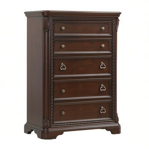 Cassettiera tradizionale a 5 cassetti in legno massello di mogano, mobile da camera da letto - Product Image 1