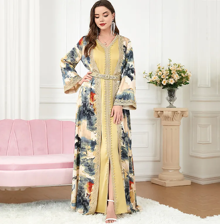 Imprimer des couleurs contrastées col en V lâche caftans musulmans femmes robe caftan en gros à manches longues dubai caftan robes quantité minimale de commande bas