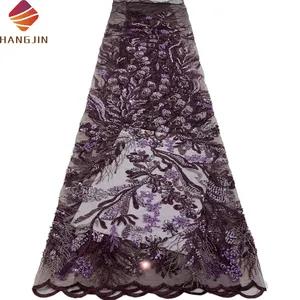 Latest Purple Nigerian Laces Fabrics Luxury Embroidery Bridal Beaded Lace Fabric With Crystals For Wedding Party Dresses