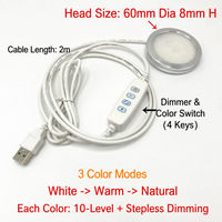 Lumière LED ronde à intensité variable pour sous-meuble, 10W, 60mm, température de couleur réglable, avec câble de 2m, lampe pour étagère de placard