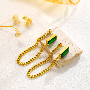 PVD Gold Plated Stainless Steel Bold Geometric Jewelry Set with Green Rectangle Stone and Double Cuban <b>Chain</b>|Retro Statemete - Product Image 3