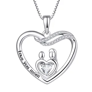 925 Sterling Silver I Love Mom Heart Pendant Cubic Zirconia For Women Heart Pendant Jewelry For Mother's Day Gift