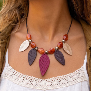Boho Black Leather Cord Necklace Multicolor Leaf Pendant Smooth Oval Beads Women Vintage Daily Fashion Neck Jewelry - Product Image 6