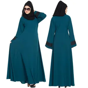ชุดเดรสยาวมุสลิมมุสลิมสำหรับผู้หญิง,ร่มอาบายาสีน้ำเงินตัดแขนลูกไม้แบบลำลอง