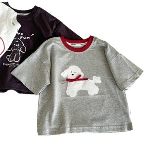 Cute Puppy Print Summer Short Sleeve Casual Baby T-Shirt For Boys And Girls Off White Gray Black Cotton Kids Top - Product Image 5