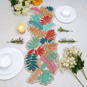 Chemin de table en tissu fait main, forme irrégulière, motif feuille bohème, multicolore (vert sarcelle, rouge, orange, bleu), brodé, tapis décoratif - Product Image 1