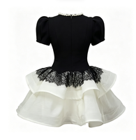 Robe Courte OEM en Chiffon et Spandex, Col Rond, Bordure en Dentelle, Coupe Ajustée, Taille Haute, Perlée, Manches Lanterne, Tricotée, Coupe Évasée, Été