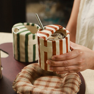 Vintage Coffee to Go Cup Hand Painted Stripe <b>Ceramic</b> <b>Mugs</b> Pottery Coffee Takeaway Cups - Product Image 2