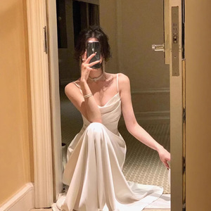 White Spaghetti Strap Satin Dress Sweetheart Neckline Natural Waist Evening Gown For Birthday Party - Product Image 2