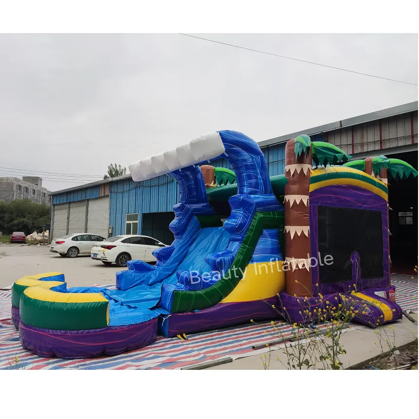 palm tree commercial inflatable combo bouncer jumping bouncy castle bounce house combo wet and dry slide for party business
