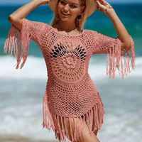 Vrouwen gehaakte breiwerk holle kwast bikini cover-up sexy doorschijnende zomer strand zonnebescherming omslagdoek