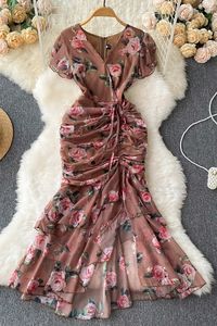 Vestido Maxi de Verano con Estampado, Cuello en V, Manga Corta, Estilo Trompeta/Sirena, Tejido Ecológico, Cintura Imperio, Retro, Venta al por Mayor para Damas - Product Image 6