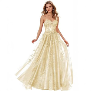 Abiti da ballo in <span class=keywords><strong>tulle</strong></span> scintillante con applicazioni in pizzo, abito lungo a trapezio con spalline sottili, abiti da sera formali con spacco personalizzabili - Product Image 4