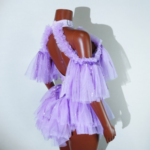 Lavender Glow Coachella 2026 Body con diseño de jaula de pedrería y falda de tul con volantes en capas, ropa de escenario para estrellas del pop y carnaval, venta al por mayor - Product Image 4
