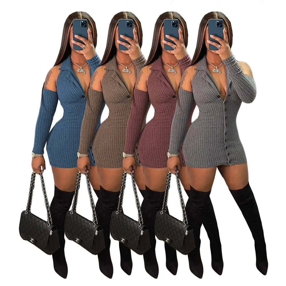 XS Knitted Women Dress Long Sleeve Solid Bodycon Dress Hollow out V-neck Dress Spring Boutique Women's Clothing