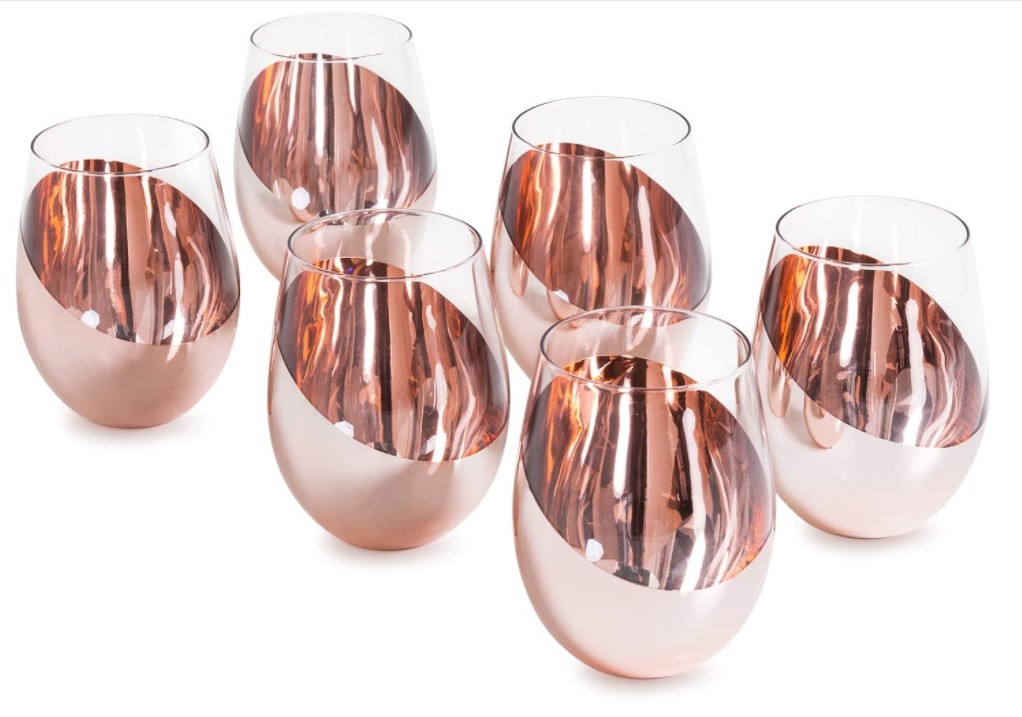 Tilted Brass Metallic Stemless Wine Glasses, Beverage Drinkware Tumbler Cups, Set of 4