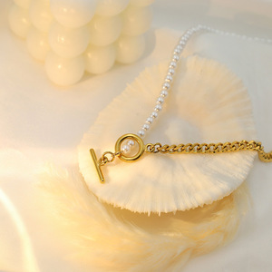 Cuban Chain Spliced Pearl Necklace Gold Zinc Alloy Clavicle Chain Party Jewelry Geometric Design DG-XL00003 - Product Image 1