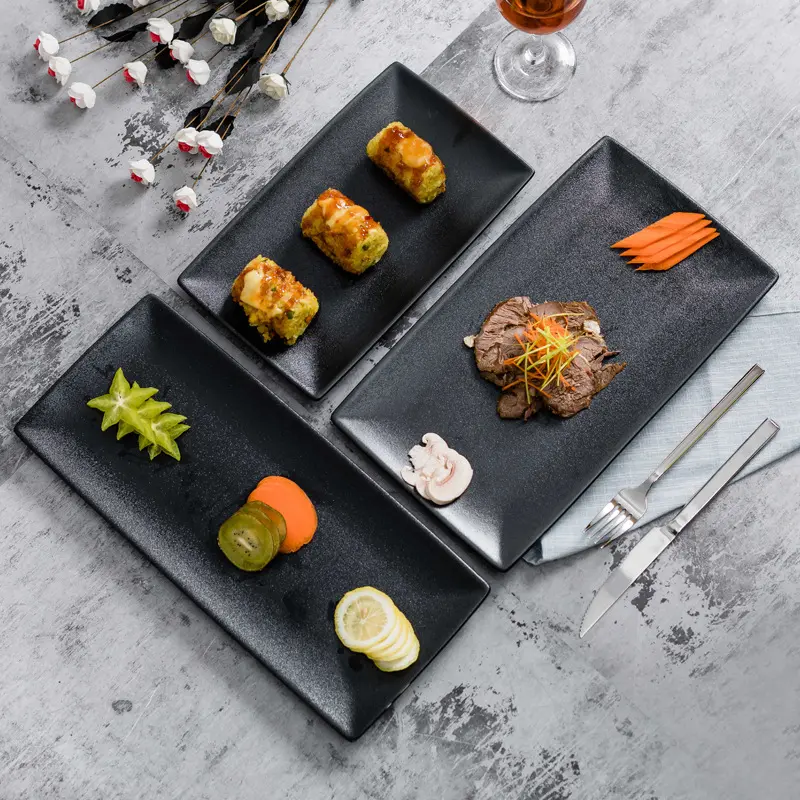 일본 고품질 직사각형 블랙 세라믹 플레이트 바 호텔 레스토랑 홈 스시 생선 도자기 접시
