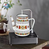 Bouilloire de camping en acier émaillé 1,5 L avec poignée métallique écologique et couvercle pour café et thé