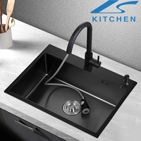 Accessoires de robinet d'évier de cuisine à double cuvette noirs faits à la main, ensemble complet, installation sous plan, surface nano en granit de quartz
