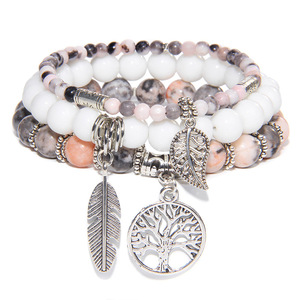 Pink <span class=keywords><strong>Zebra</strong></span> Đá Quý Tự Nhiên Năng Lượng Lotus Charm Hạt Vòng Tay Cho Phụ Nữ Tree Of Life Stackable Stretch Yoga Reiki Bracelet Bộ - Product Image 1