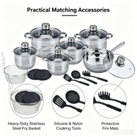 Set Peralatan Masak Stainless Steel Premium 18-Piece, Termasuk Casserole, Saucepan, Frypan, Tutup Kaca, Termometer, Gagang, Kompatibel dengan Induksi
