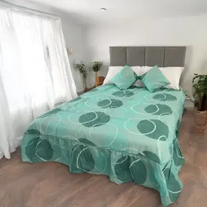 Juego de edredón de primavera tamaño matrimonial 2.4m x 2.2m con estampado de hojas y volantes, ropa de cama ligera para el hogar - Product Image 4
