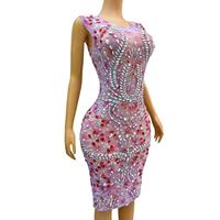 Robe de soirée scintillante sans manches rose avec strass, longueur mi-longue, pour banquet, dîner, femmes, grande taille, robe fourreau pour fête d'anniversaire, tenue de club
