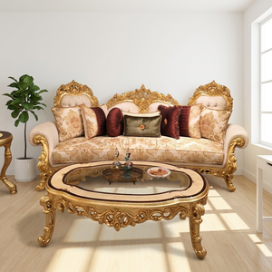 Teakwood Three Seater Antique <b>Gold</b> <b>Sofa</b> Set with Matching Table Handcrafted Foam Tufted Luxury Apartment Living Room Furniture - Product Image 4