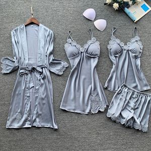 Conjuntos de Pijamas de Satén Sedoso Casual, Transpirables y Ecológicos, Tallas Grandes, Personalizados al por Mayor, Ropa de Dormir de 4 Piezas para Mujer - Product Image 4