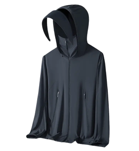 <b>Light</b> Blue Hooded Zip-Up Sun Protection <b>Jacket</b> Full Sleeve Anti-Uv Solid Color Loose Fit with Pockets Unisex Adult - Product Image 2