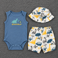 Setelan Pakaian Bayi Musim Panas 3 Potong Grosir, Bahan Katun Murni Bernapas, Romper Tanpa Lengan, Celana Pendek, dan Topi Bucket Senada