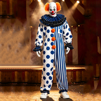 Gruseliges Clown-Kostüm für Herren, blau gepunkteter, gestreifter Overall mit Rüschenkragen, orangefarbene Pompons für Erwachsene, Cosplay-Party