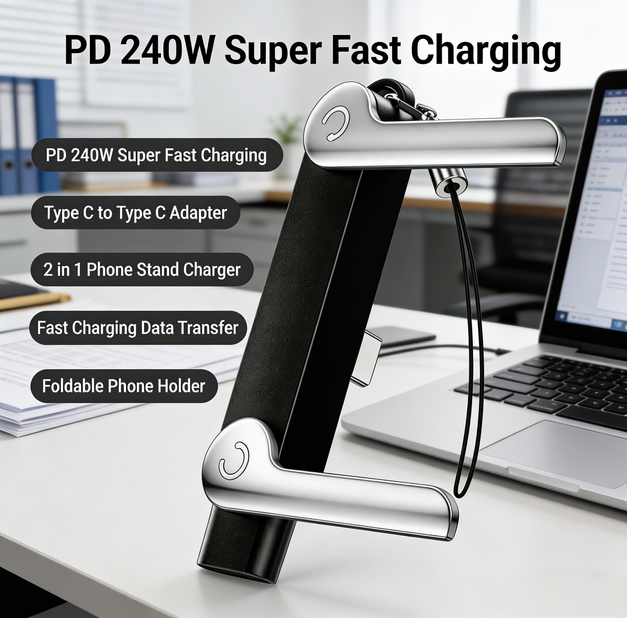PD 240W Type C Type C Silicone Phone Stand Adapter 5A Fast Charging Data Transfer Foldable Phone Holder for iPhone Android · image 2